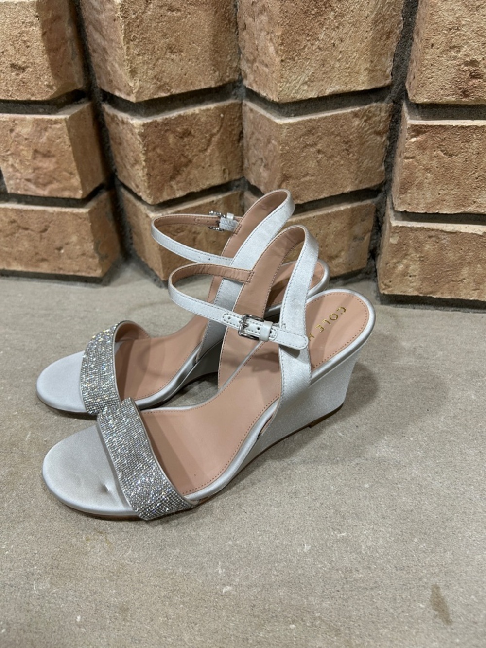 Cole Haan Josie Wedge Sandal Crystal/ Gray Satin Women's Size 7.5